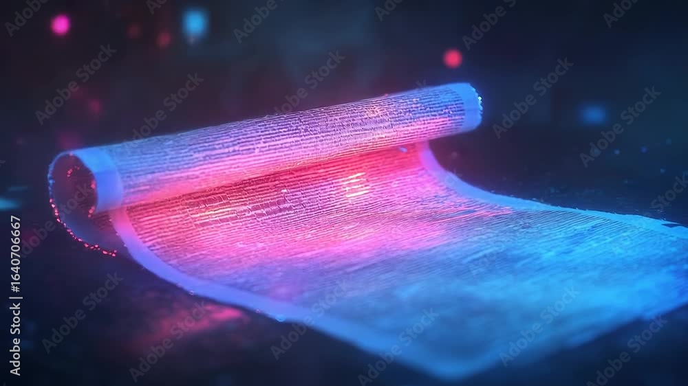 Poster futuristic digital scroll unrolling, revealing glowing lines of code