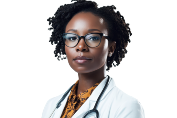 Black female doctor in a white coat with stethoscope posing in a professional setting ready to provide care in a modern healthcare environment