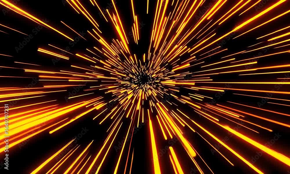 Poster abstract digital animation of explosive orange light rays against a dark background representing spe