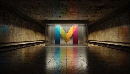 Colorful 'M' logo in a dark underground tunnel