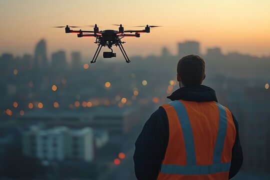 Engineer in a safety vest flying a drone, capturing a moment of technological innovation in action. The scene emphasizes the connection between modern engineering and -edge, Generative AI