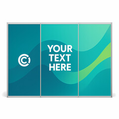 3D rendering of a teal and aqua straight 3-panel booth with abstract logo  for exhibitions and trade shows, isolated on white. Modern wave design for branding and marketing.