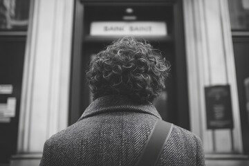 happy curly-haired man, seen from the back as he walks toward a bank's front door. The image conveys a sense of anticipation and purpose as the man approaches his destination, Generative AI