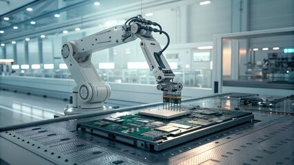 Photo of an industrial robotic arm precisely places a component onto a circuit board in a modern automated manufacturing facility, showcasing advanced technology and production