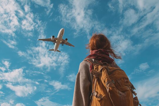 A traveler gazes up with excitement as a plane flies overhead amid a beautiful sky inspiring dreams of adventure - Powered by Adobe