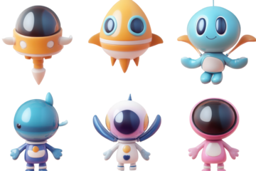 Collection of colorful cartoon space characters featuring futuristic designs, playful expressions, and unique shapes ideal for imaginative play and decoration