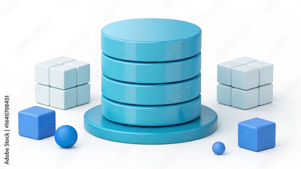 Fototapete a 3d rendering of a blue database server with cubes and sphere isolated on white background, represe