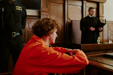 Caucasian teenage boy with curly hair sitting in courtroom wearing orange jumpsuit, resting arms on wooden barrier, security officer and male judge standing in background during trial