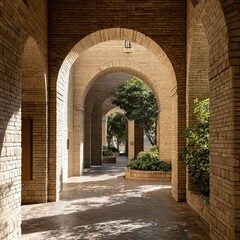 Naklejka premium Arch courtyard landscape: stone structure & plant light-shadow, architectural design