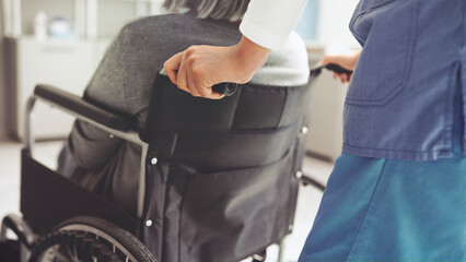 Obraz premium Healthcare worker with elderly patient in wheelchair