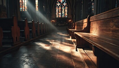 Sunlight streams through stained glass windows in a dimly lit church aisle