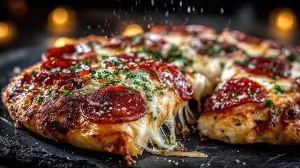 Pepperoni pizza slices, cheese pulling