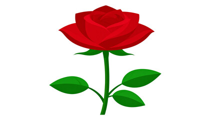 A vibrant red rose with delicate green leaves, a symbol of love and beauty, stands isolated against a pure white background