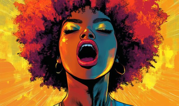 Illustration of an afro woman expressing intense emotion in pop style, capturing the energy and vibrant expression of the character, Generative AI