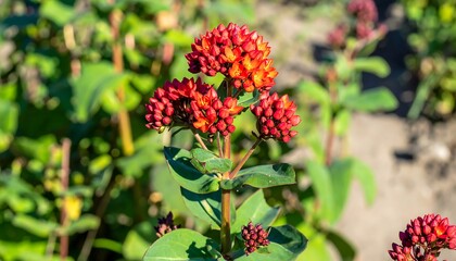 Cluster of vibrant red-orange flowers on a plant