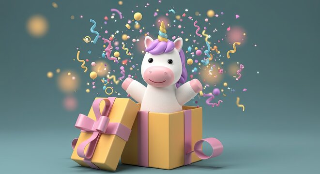 Adorable 3D Unicon Bursting from Gift Box with Confetti