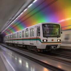 Naklejka premium Subway train speeds through colorful tunnel