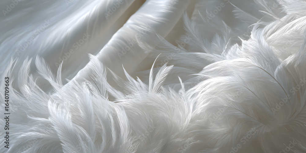 Poster soft white feathers cascading smoothly across a light silk backdrop creating gentle waves and delica