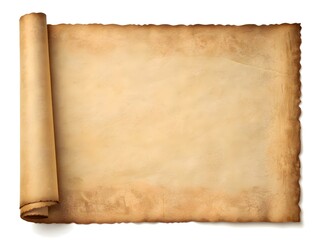 Old parchment scroll with rough edges and a rolled side on a white background
