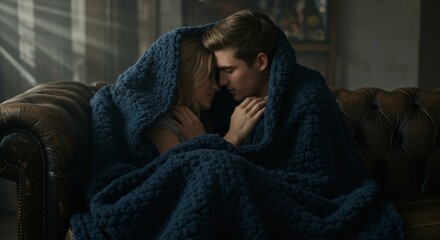 Fototapeta premium Romantic couple cuddling under a cozy blanket on a leather couch indoors