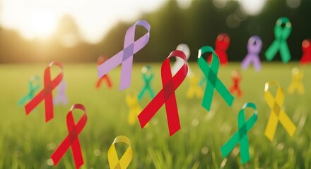 Photo of colorful awareness ribbons float gently above a grassy field symbolizing hope and support for various causes
