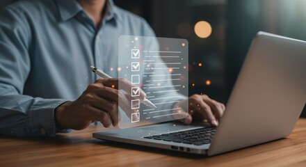 Person interacting with futuristic digital data interface on a laptop