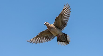 Obraz premium A graceful mourning dove soars through a clear blue sky, its wings spread wide in elegant flight, capturing a moment of serene freedom