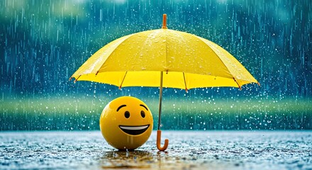 Emoji under Umbrella Falling Blue Droplets Slow Motion Effect