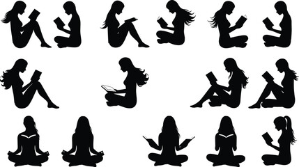 Vector silhouettes of women reading books in various seated poses, symbolizing learning, knowledge, and relaxation through literature, black on a white background.