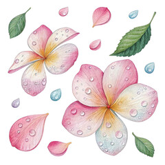 Vibrant watercolor depiction of raindrops resting on spring flower petals in a serene garden setting