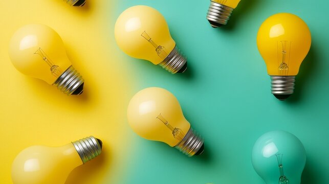 Modern light bulbs displayed from a top view, with well-aligned presentation in yellow and flashy green colors, providing a vibrant and clean visual, Generative AI
