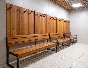 Modern locker room with wooden benches and coat hooks