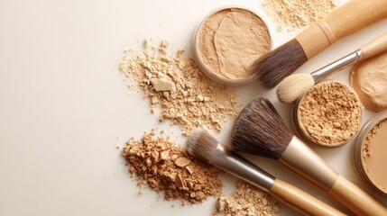 Various shades of facial powder with brushes, showcasing beauty and makeup artistry concept
