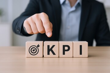 Obraz premium Demonstrating Key Performance Indicators: Person Points to KPI Blocks for Business Success and Goal Achievement