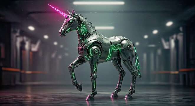 Cybernetic Unicon with Glowing Neon Horn and Chrome Plating