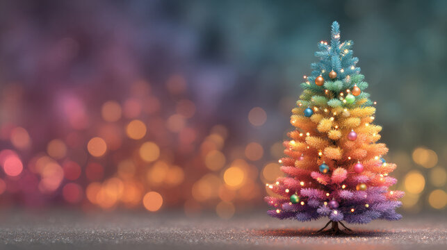 Vibrant Christmas tree adorned with colorful lights and ornaments stands against blurred, festive background