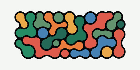 Abstract pattern of connected shapes in various colors with a black outline on a white background