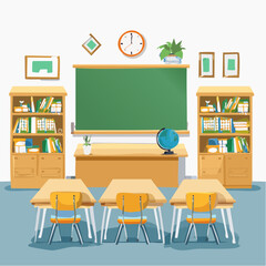 Modern classroom interior with furniture and blackboard. Flat colorful vector illustration