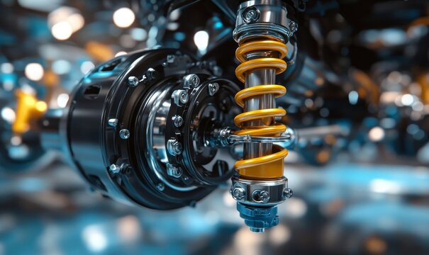 Shock absorber strut with coil spring, a close-up view of a modern cars suspension system, emphasizing its dynamic and bold design, Generative AI