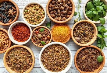 Assortment of dried herbs and spices in bowls,  cooking ingredients,  cloves