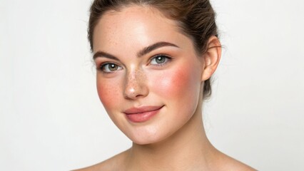 A young woman with freckles and natural makeup smiles warmly at the camera, showcasing a fresh and vibrant look.