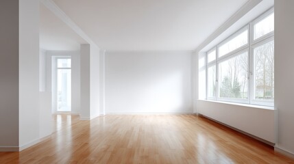 Fototapeta premium Bright and Spacious Empty Room with Hardwood Floors and Large Windows in Modern Apartment