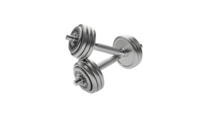 A still life of two chrome dumbbells stacked on top of each other on a black background on transparent background