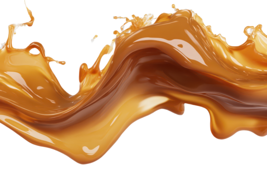 Caramel colored cascading liquid streams create a mesmerizing visual effect of flowing sweetness against a transparent background