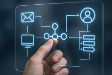 Obraz premium Hand Touching Digital Interface Displaying Workflow Automation and Data Flow for Enhanced Productivity and User Experience