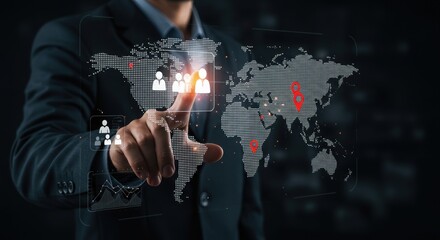 Businessman interacting with a digital global network interface