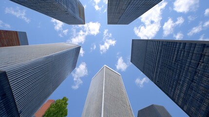 Naklejka premium Modern City Architecture Low Angle View of Patterned Skyscrapers Against a Blue Sky