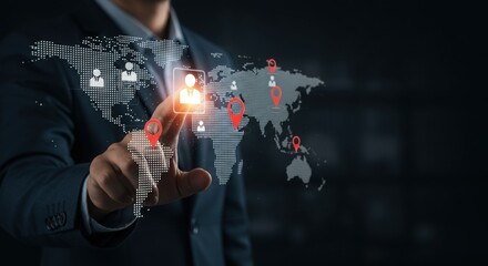 Businessman interacts with glowing digital world map projection