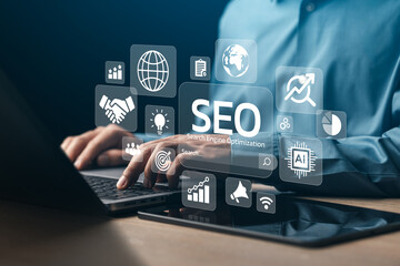 Businessman Analyze Optimize Web Banner Search Engine SEO For Business And Marketing Website...