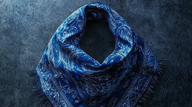Blue paisley bandana resting on dark background